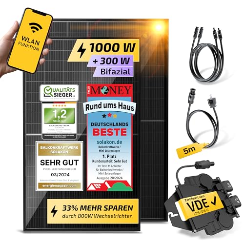 Solakon® 1000W Balkonkraftwerk - Balkonkraftwerk 800W komplett Steckdose - neuester 800 Watt Wechselrichter - Solaranlage Komplettset - 500W bifaziale Solarmodule inkl. Zubehör - 5m Kabel