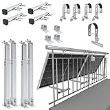 NuaSol - Balkonkraftwerkhalterung Geländer Befestigung für 2 Solarmodule und ein Wechselrichter Photovoltaik | rund | Set | Neigungswinkel 0° & 25-45°| Durchmesser bis 80mm, Silber