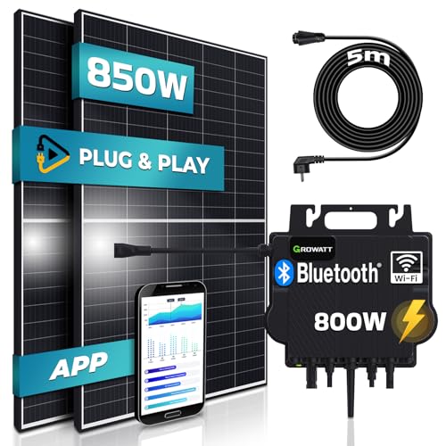 SUNNIVA® Balkonkraftwerk 850W/800W Solaranlage mit 800W GROWATT Micro Wechselrichter und 5m Anschlusskabel, WIFI & Bluetooth integriert, drosselbar & upgradebar auf 600W oder 800W, 2x 425W Solarmodule